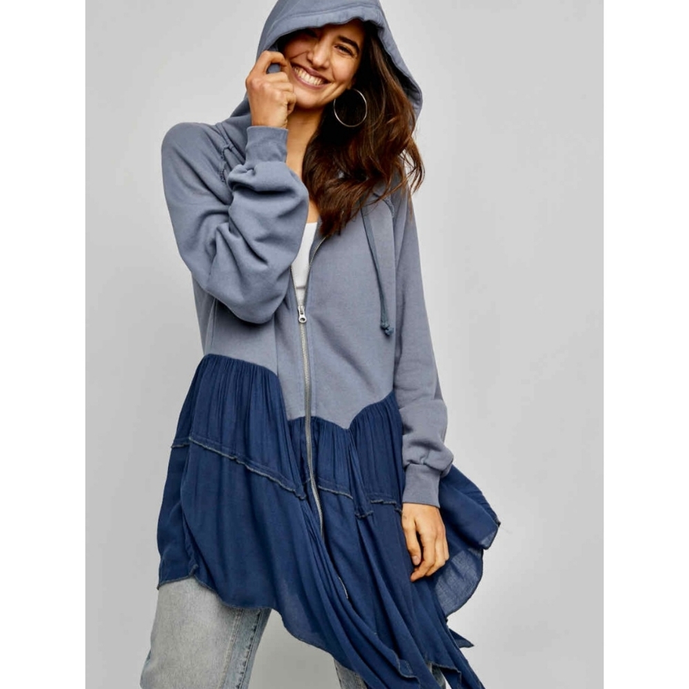 Free People | Moon Dust Oversized Pieced Cardi Zip Hoodie Washed Denim Blue